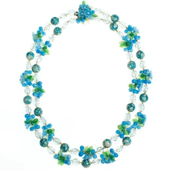 Vintage 1950s Blue and White Crystal Bubble Bead Necklace with Flowers