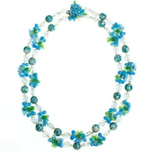 Vintage 1950s Blue and White Crystal Bubble Bead Necklace with Flowers