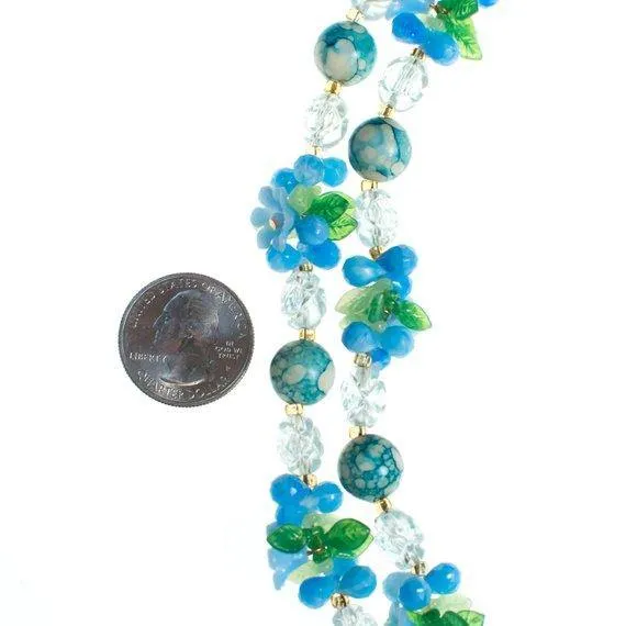 Vintage 1950s Blue and White Crystal Bubble Bead Necklace with Flowers