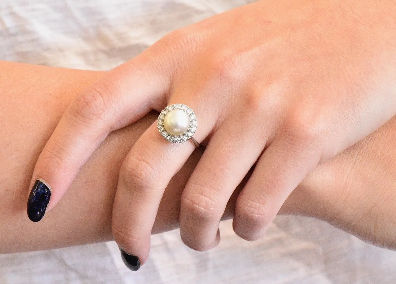 Vintage 1960’s 0.50 CTW Diamond Cultured Pearl Platinum Ring
