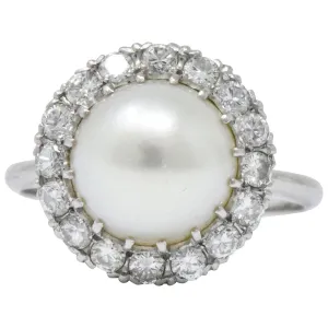 Vintage 1960’s 0.50 CTW Diamond Cultured Pearl Platinum Ring