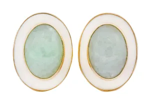 Vintage 1990's Jade Coral Cabochon 14 Karat Gold Earrings