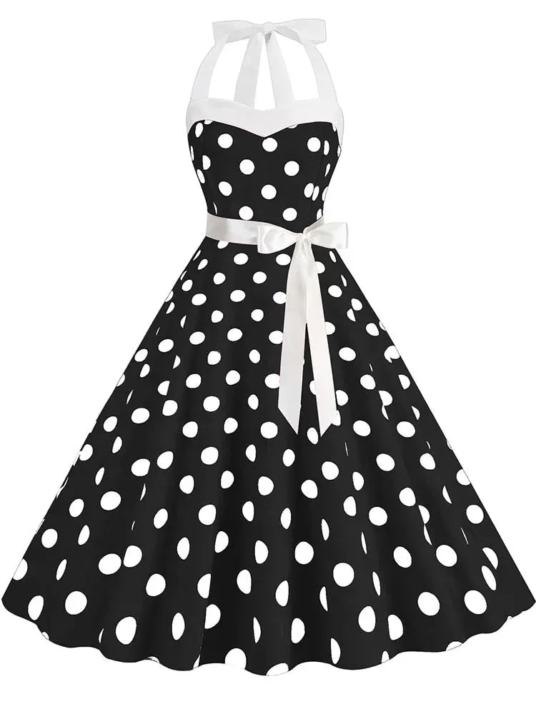 Vintage 50s 60s Women Summer Party Dress With Belt Pink Plaid Print Halter Hepburn Robe Rockabilly Dresses