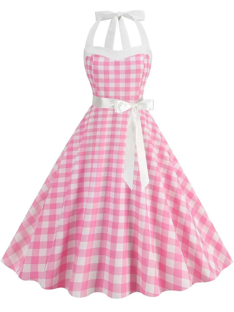 Vintage 50s 60s Women Summer Party Dress With Belt Pink Plaid Print Halter Hepburn Robe Rockabilly Dresses