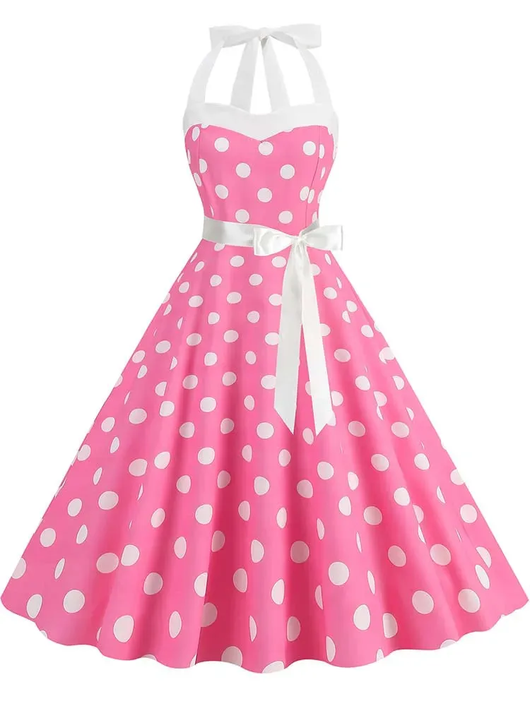 Vintage 50s 60s Women Summer Party Dress With Belt Pink Plaid Print Halter Hepburn Robe Rockabilly Dresses