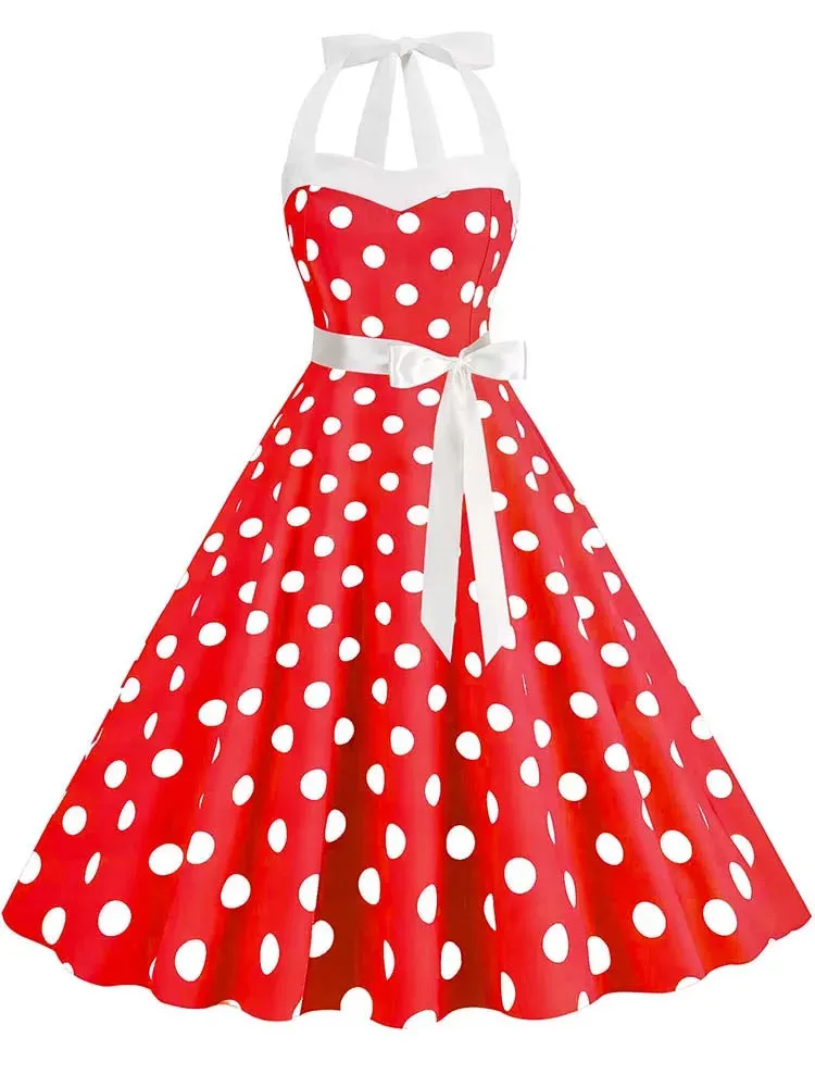 Vintage 50s 60s Women Summer Party Dress With Belt Pink Plaid Print Halter Hepburn Robe Rockabilly Dresses