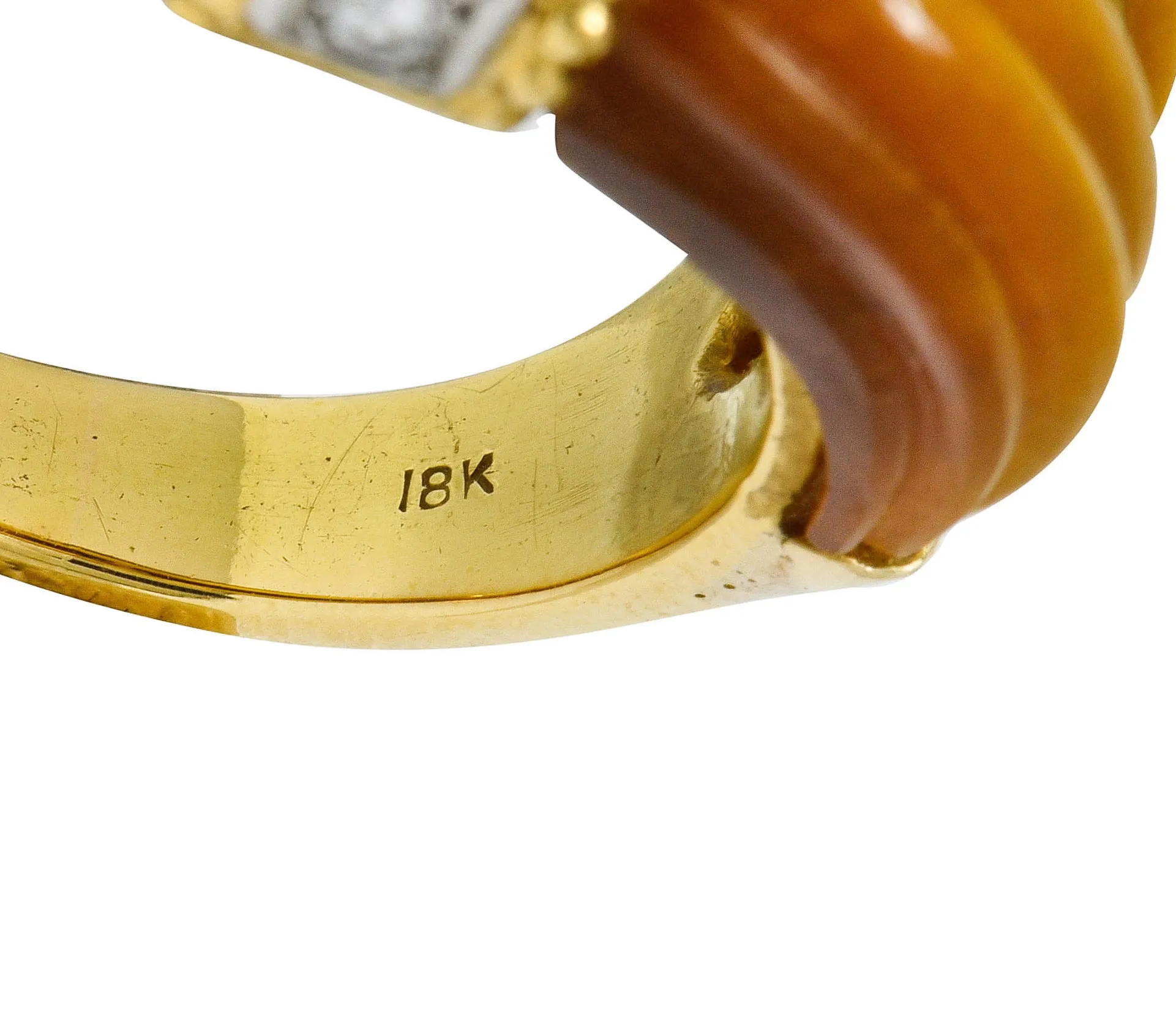 Vintage Diamond Tiger's Eye Quartz 18 Karat Gold Fluted Band Ring