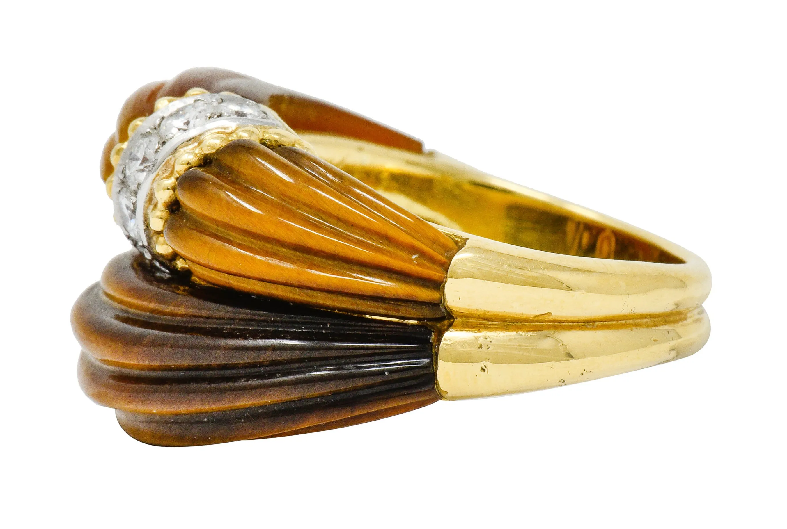Vintage Diamond Tiger's Eye Quartz 18 Karat Gold Fluted Band Ring