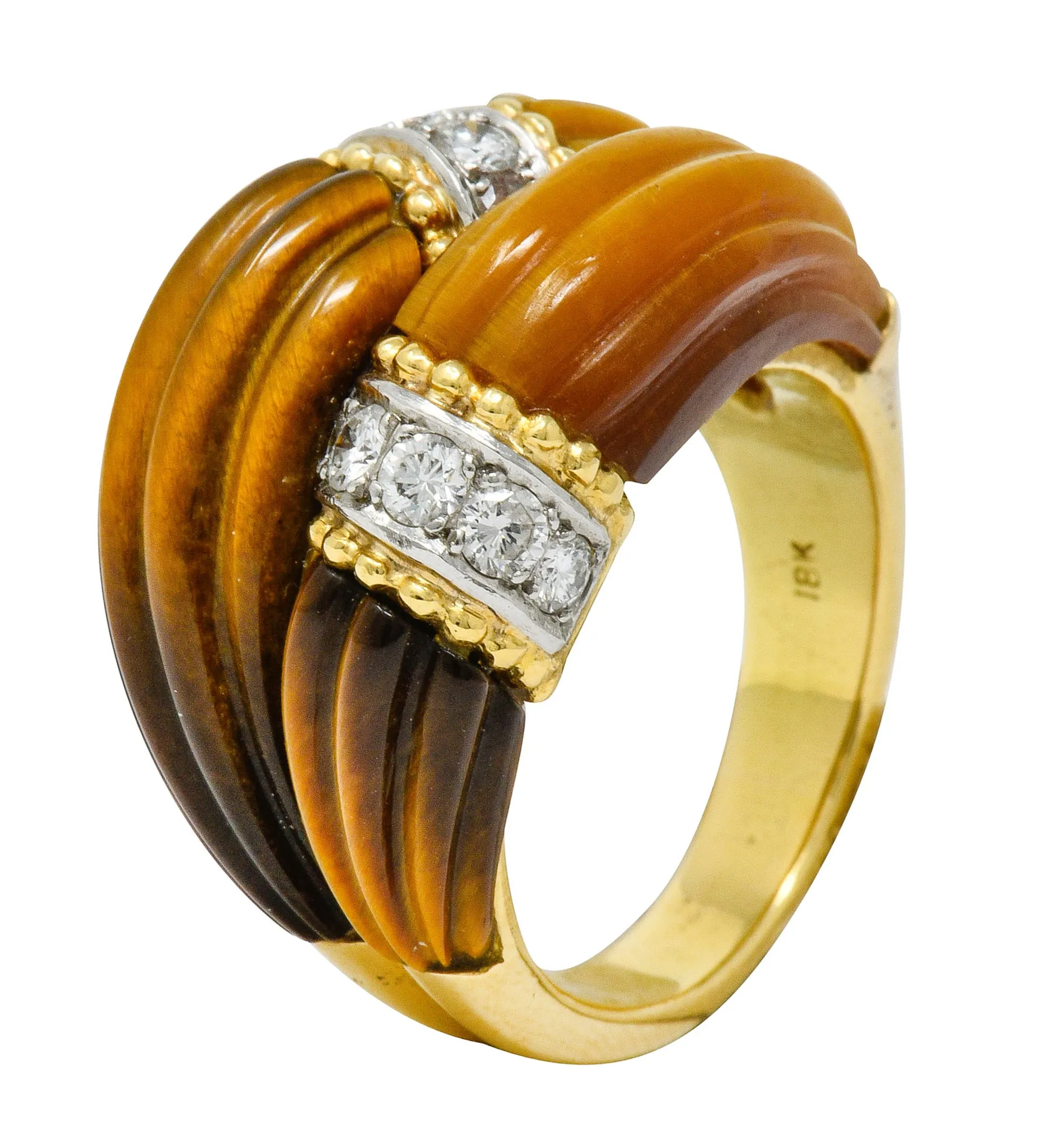 Vintage Diamond Tiger's Eye Quartz 18 Karat Gold Fluted Band Ring