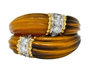 Vintage Diamond Tiger's Eye Quartz 18 Karat Gold Fluted Band Ring