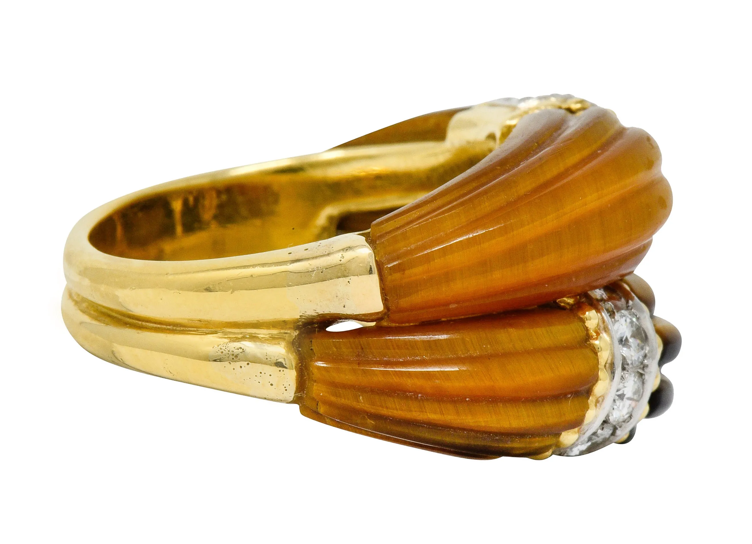 Vintage Diamond Tiger's Eye Quartz 18 Karat Gold Fluted Band Ring