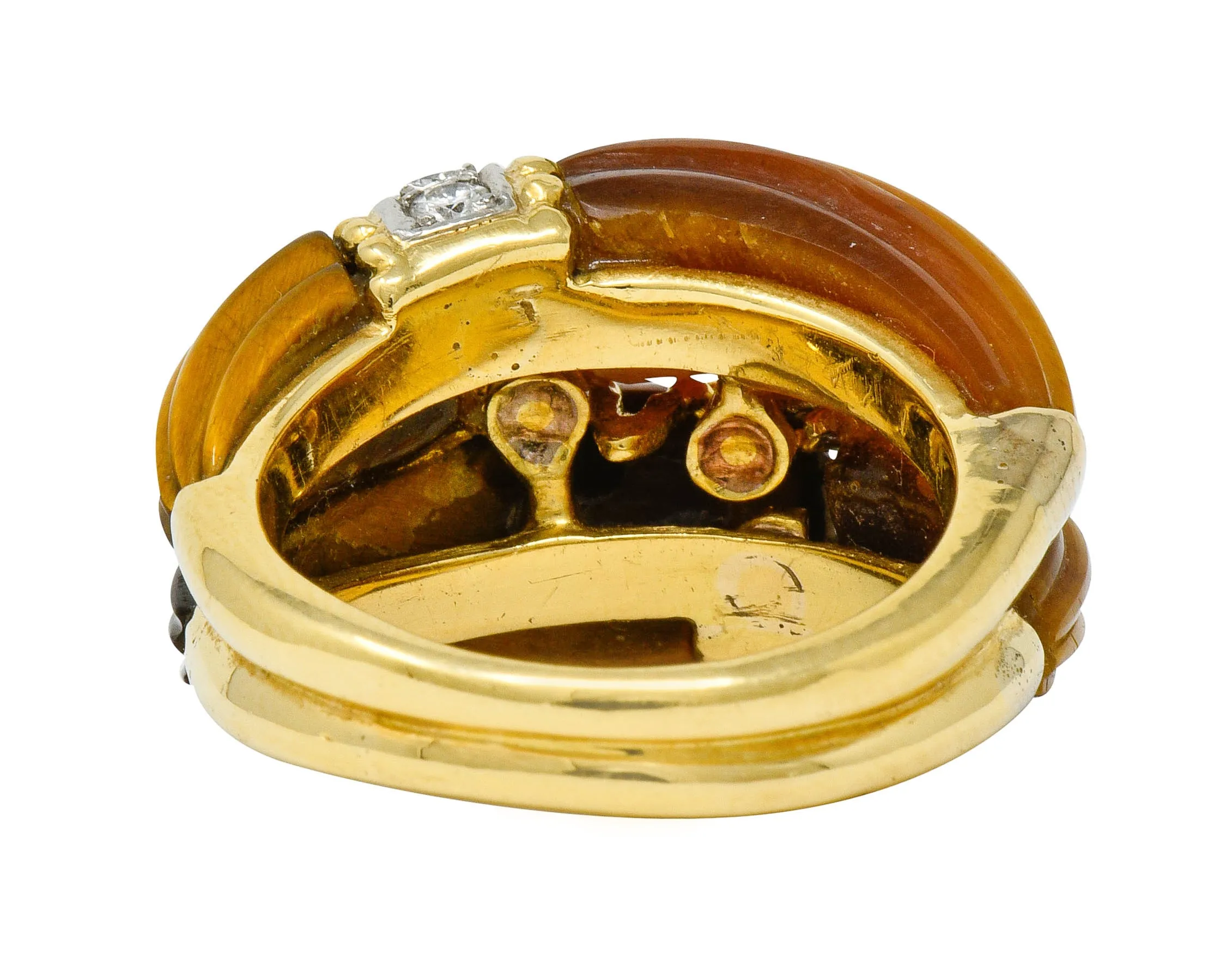 Vintage Diamond Tiger's Eye Quartz 18 Karat Gold Fluted Band Ring