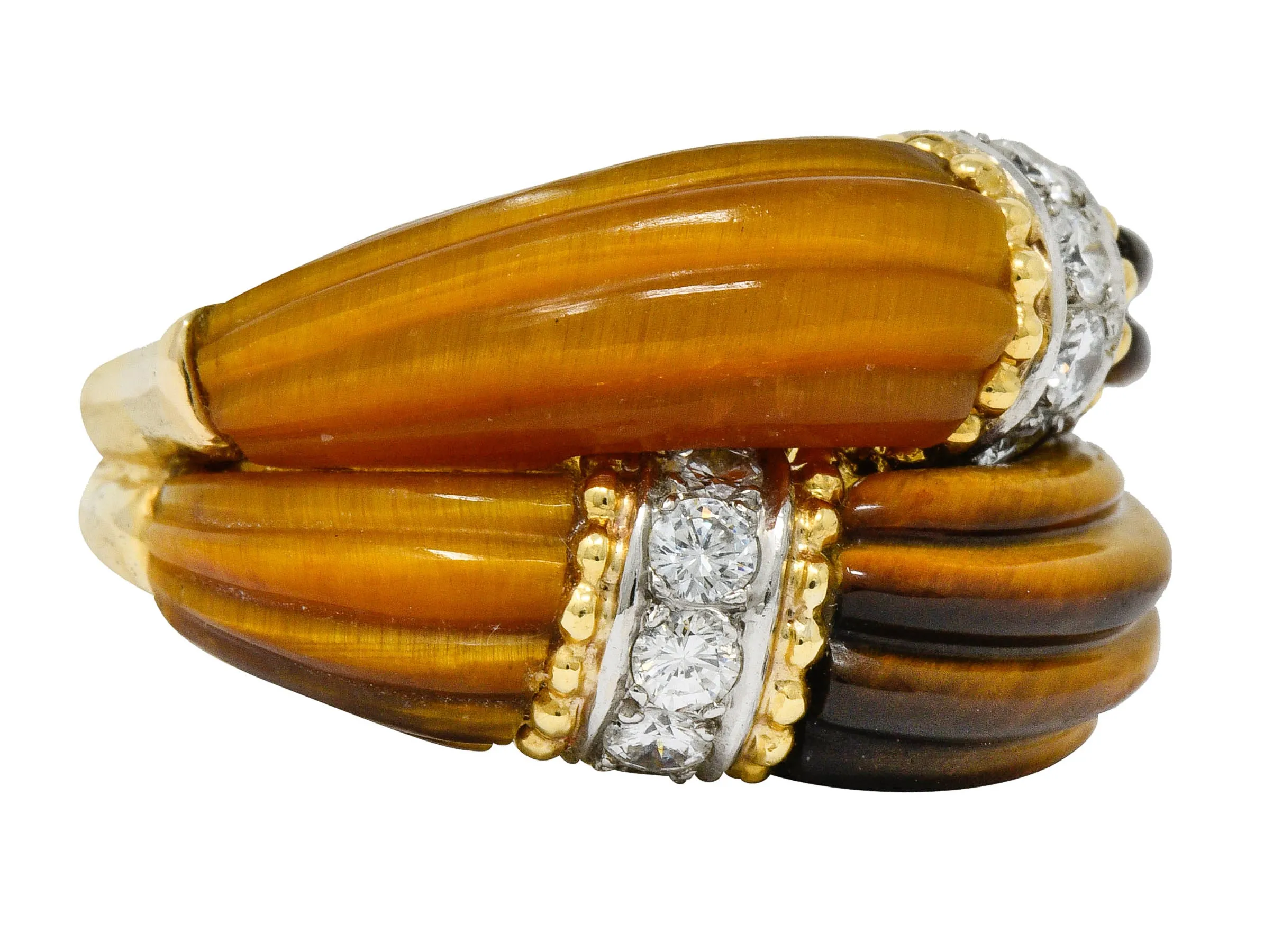 Vintage Diamond Tiger's Eye Quartz 18 Karat Gold Fluted Band Ring
