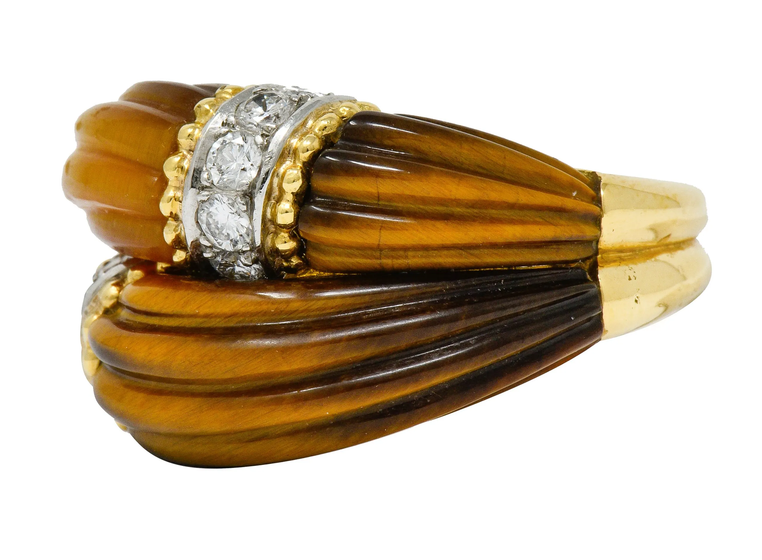 Vintage Diamond Tiger's Eye Quartz 18 Karat Gold Fluted Band Ring