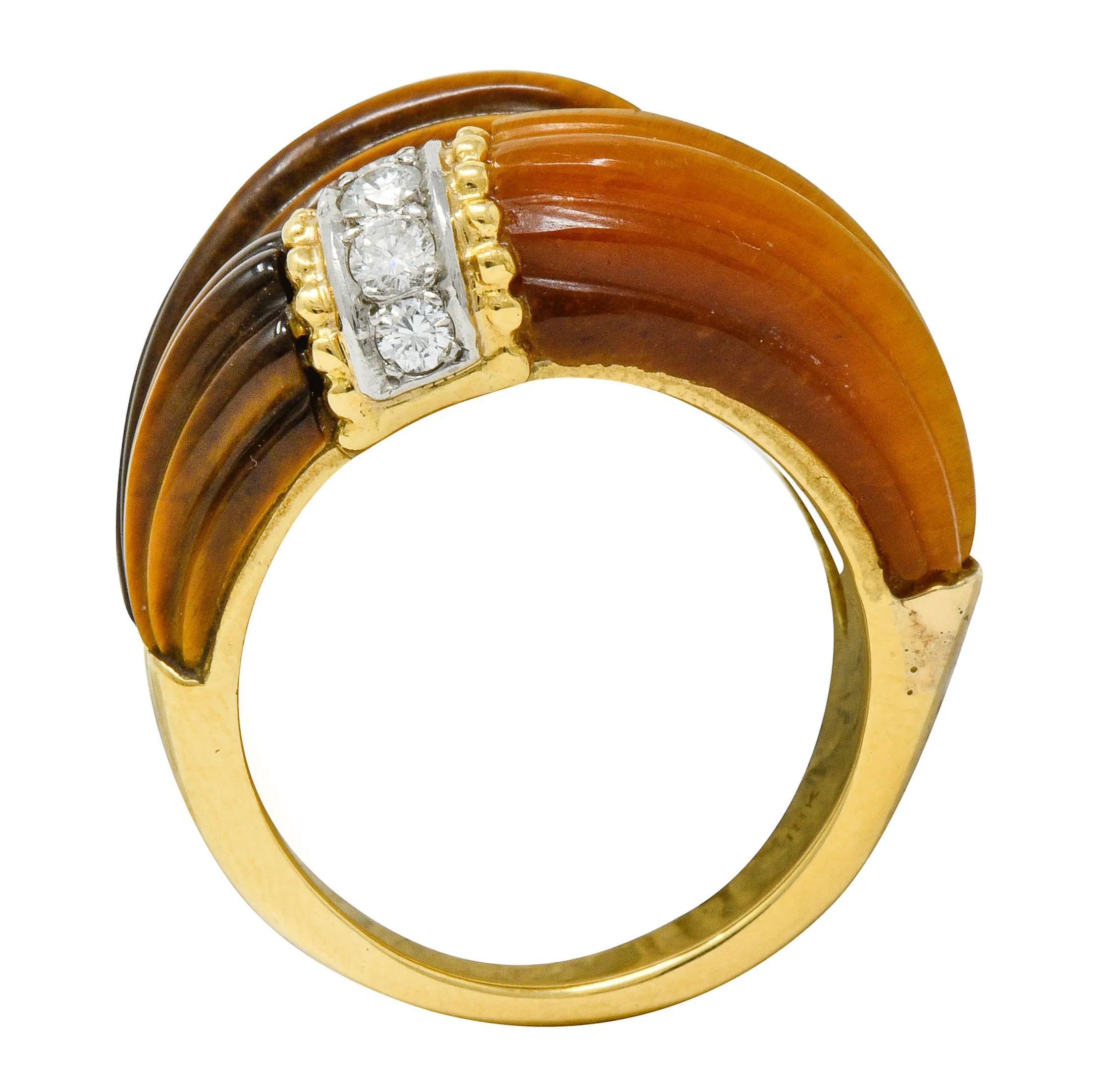 Vintage Diamond Tiger's Eye Quartz 18 Karat Gold Fluted Band Ring