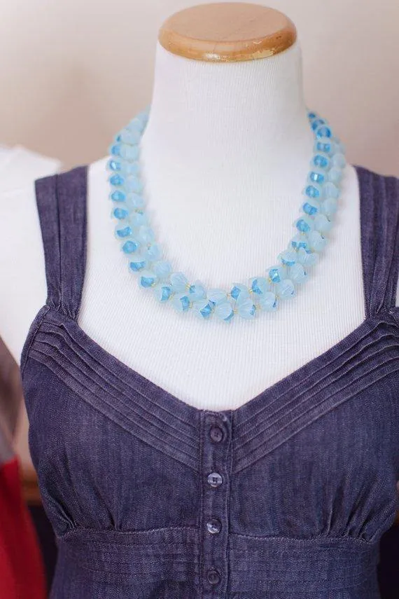Vintage Gold Tone Blue Lucite Necklace, West Germany, Blue Lucite Flowers