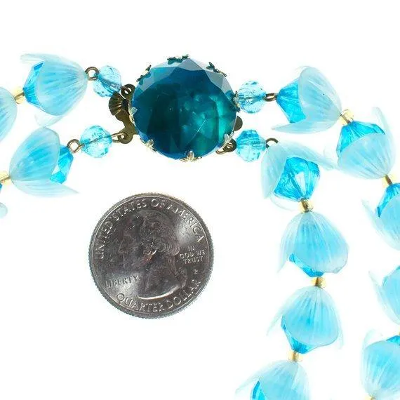 Vintage Gold Tone Blue Lucite Necklace, West Germany, Blue Lucite Flowers