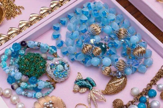 Vintage Gold Tone Blue Lucite Necklace, West Germany, Blue Lucite Flowers