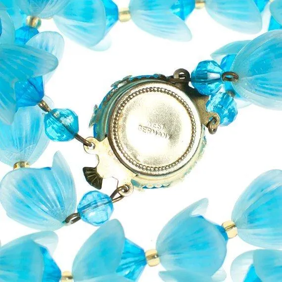 Vintage Gold Tone Blue Lucite Necklace, West Germany, Blue Lucite Flowers