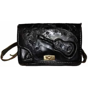 Vintage Purse Hand Tooled Black Leather  W/ Guitar 1970S VLV Retro Rockabilly