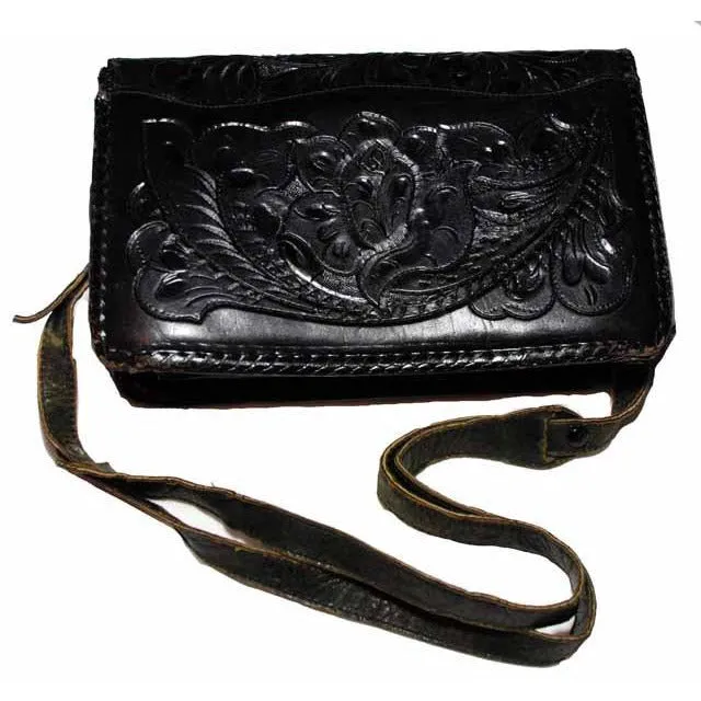 Vintage Purse Hand Tooled Black Leather  W/ Guitar 1970S VLV Retro Rockabilly