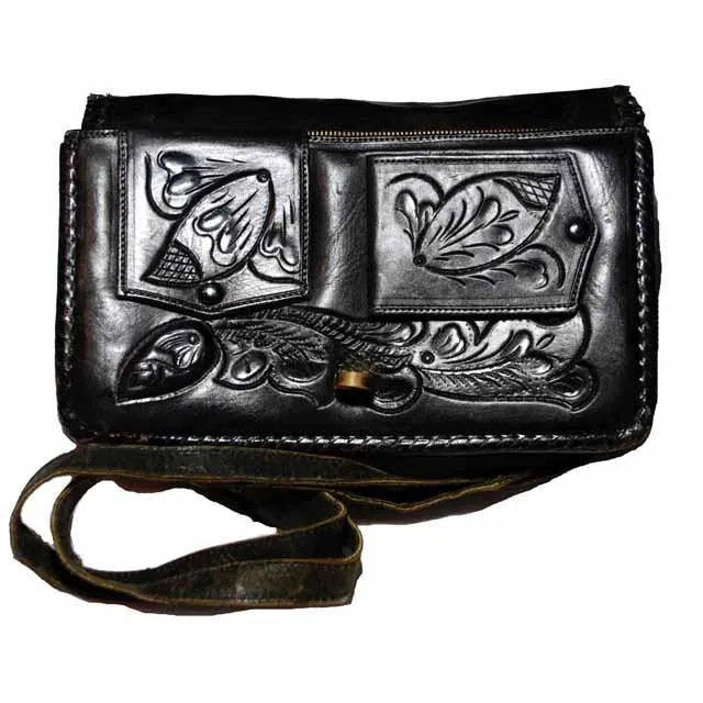 Vintage Purse Hand Tooled Black Leather  W/ Guitar 1970S VLV Retro Rockabilly