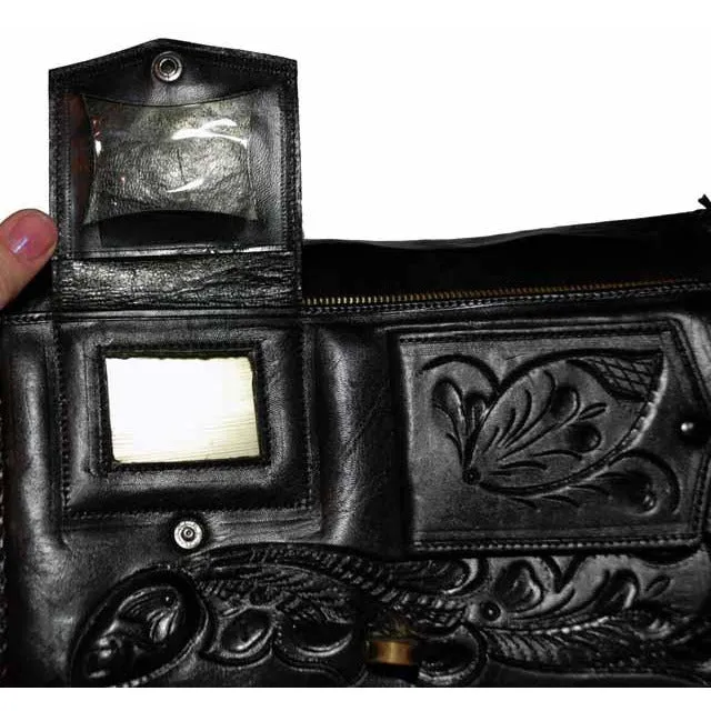 Vintage Purse Hand Tooled Black Leather  W/ Guitar 1970S VLV Retro Rockabilly