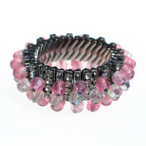 Vintage Rhinestone Expansion Bracelet with Aurora Borealis and Pink Crystal Beads