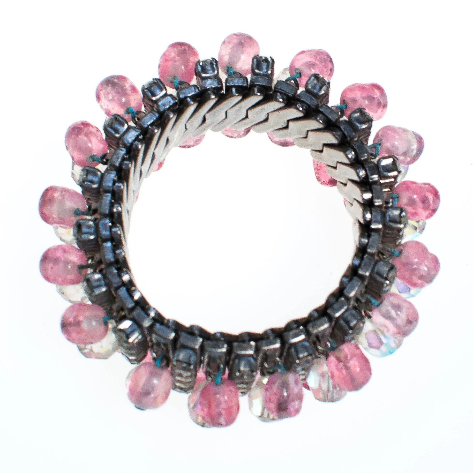 Vintage Rhinestone Expansion Bracelet with Aurora Borealis and Pink Crystal Beads