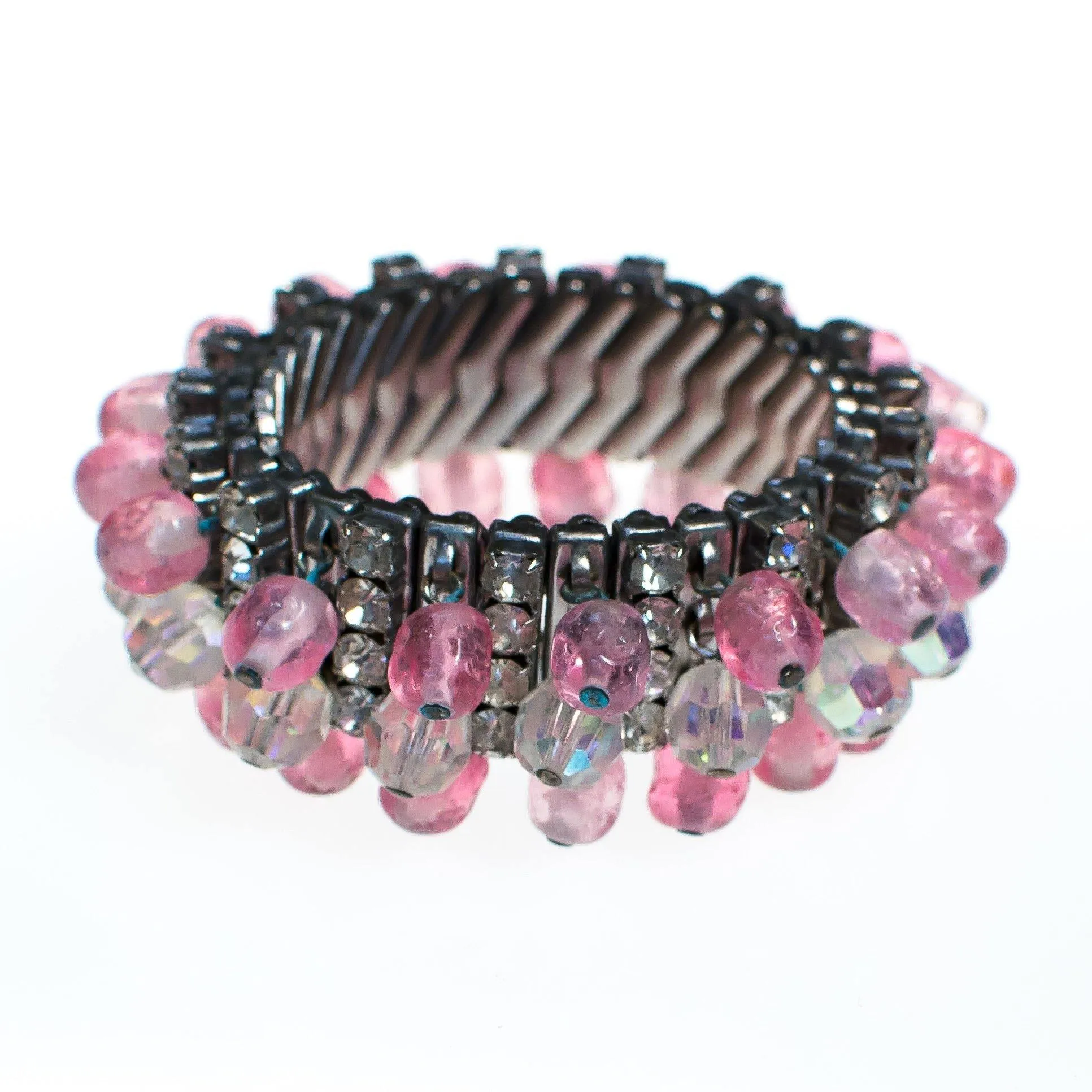 Vintage Rhinestone Expansion Bracelet with Aurora Borealis and Pink Crystal Beads