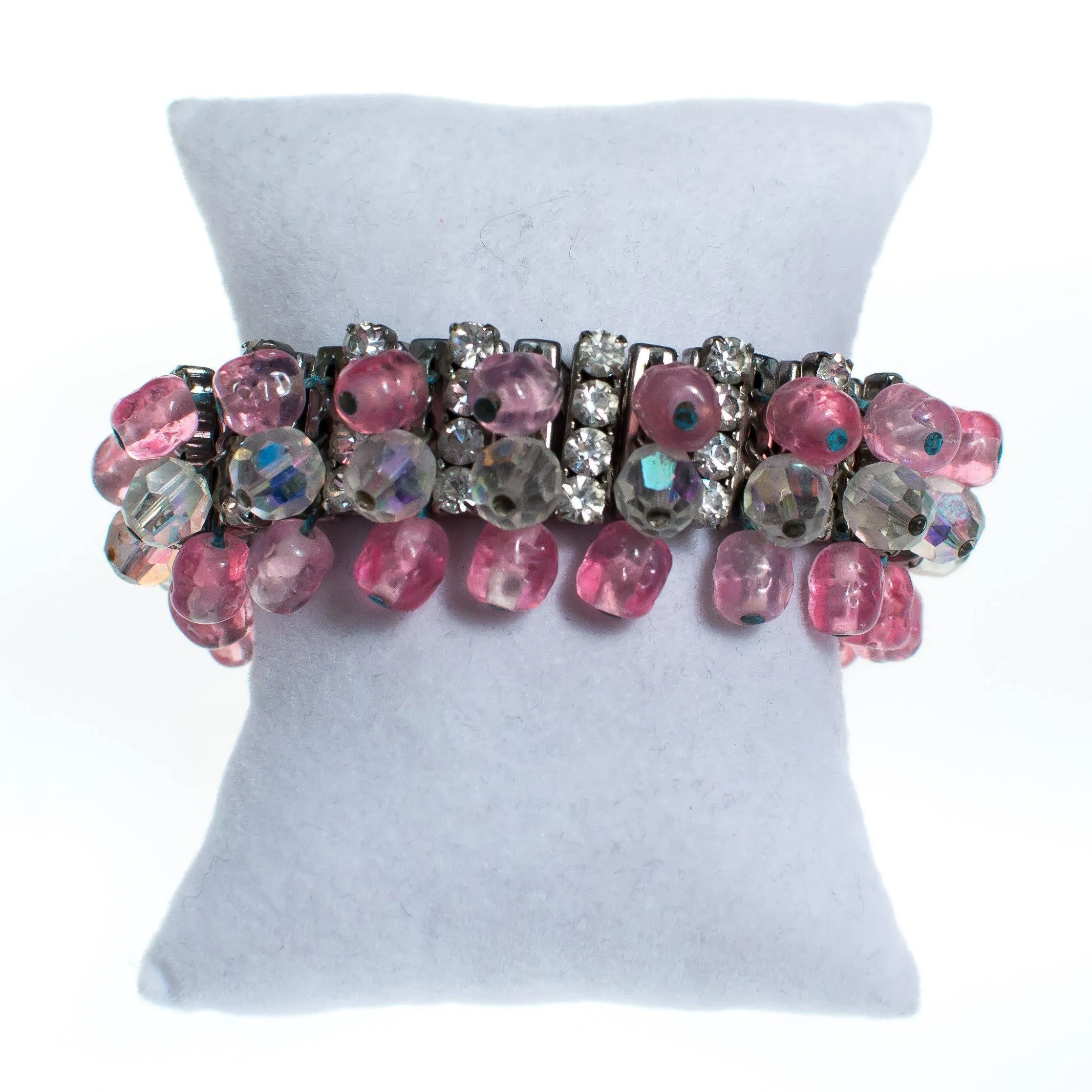 Vintage Rhinestone Expansion Bracelet with Aurora Borealis and Pink Crystal Beads