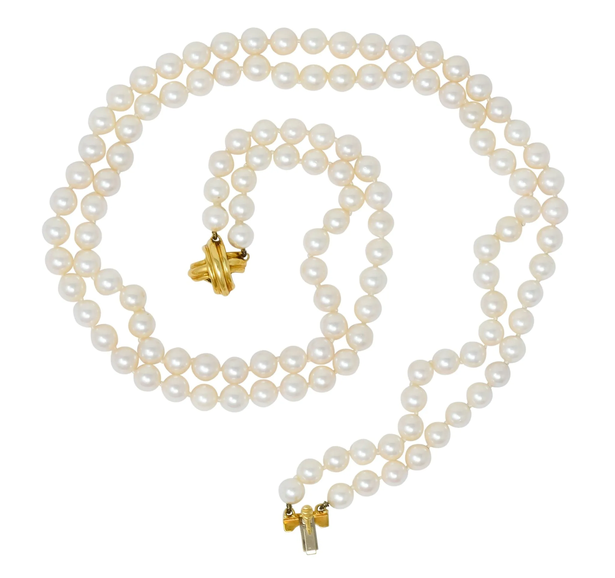 Vintage Tiffany & Co. Cultured Pearl 18 Karat Gold Double Strand Necklace Circa 1990's