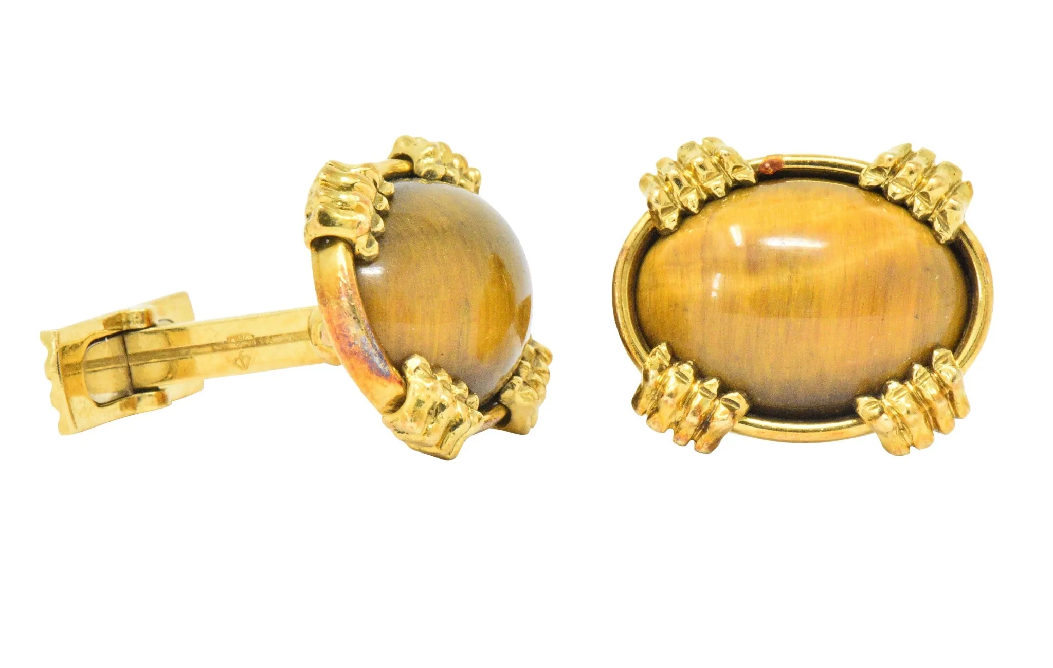 Vintage Tiger's Eye Cabochon 18 Karat Gold Clawed Men's Cufflinks