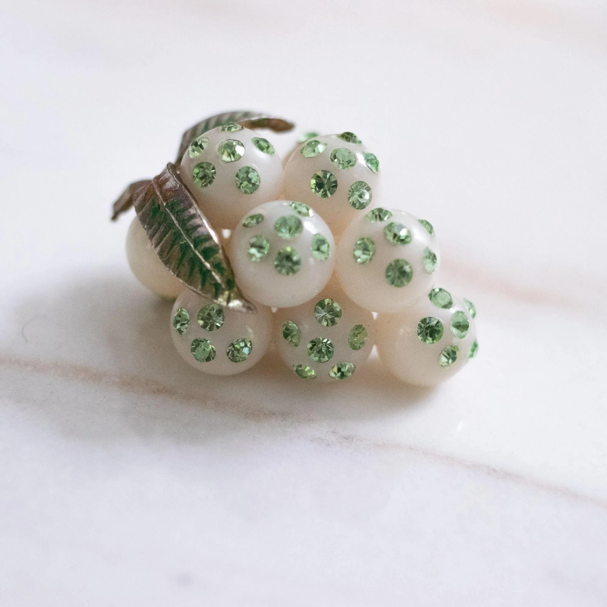 Vintage White Grape Brooch with Green Rhinestones