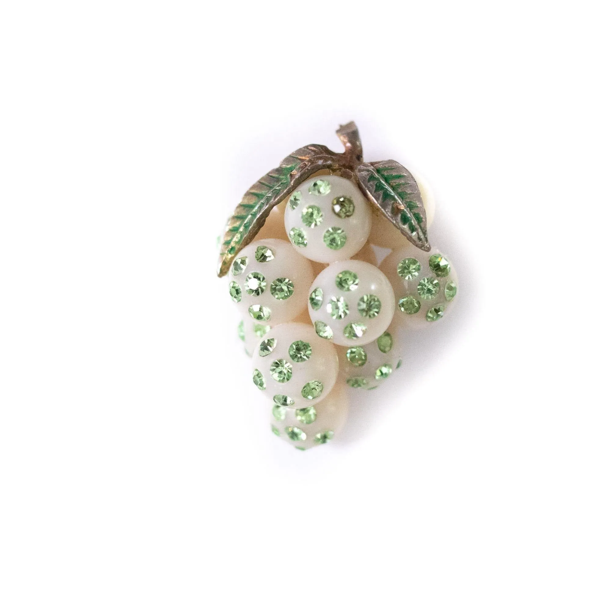 Vintage White Grape Brooch with Green Rhinestones