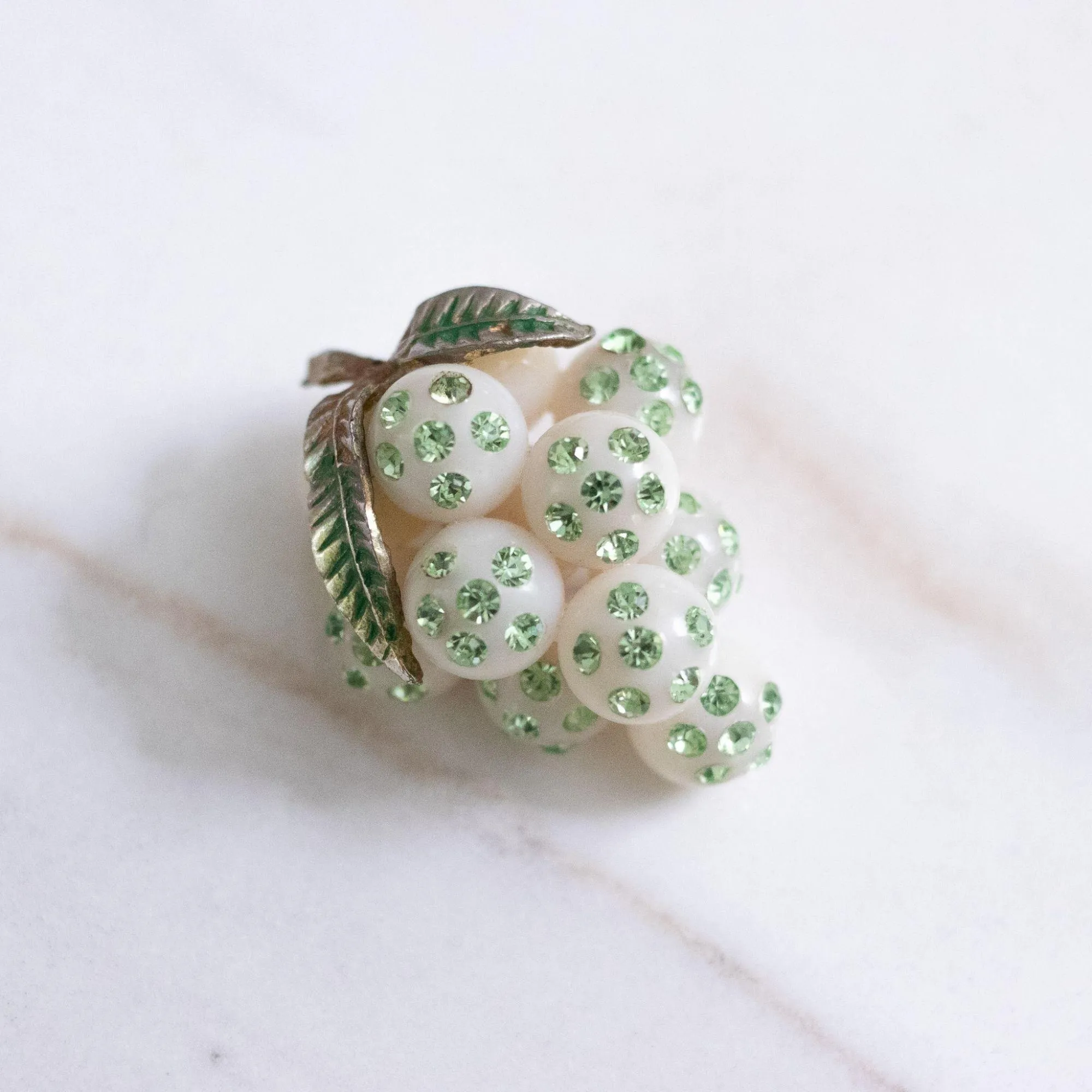 Vintage White Grape Brooch with Green Rhinestones