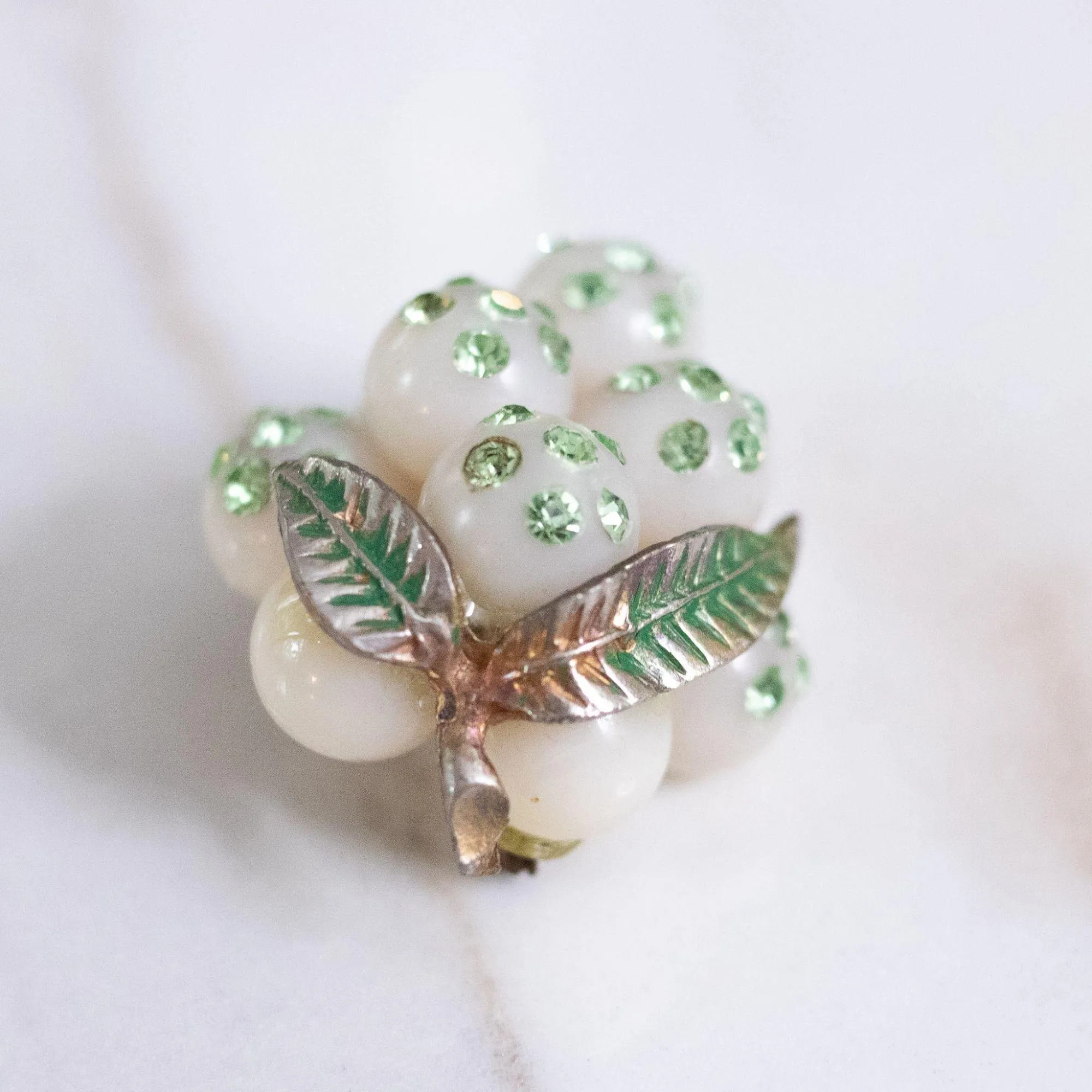 Vintage White Grape Brooch with Green Rhinestones