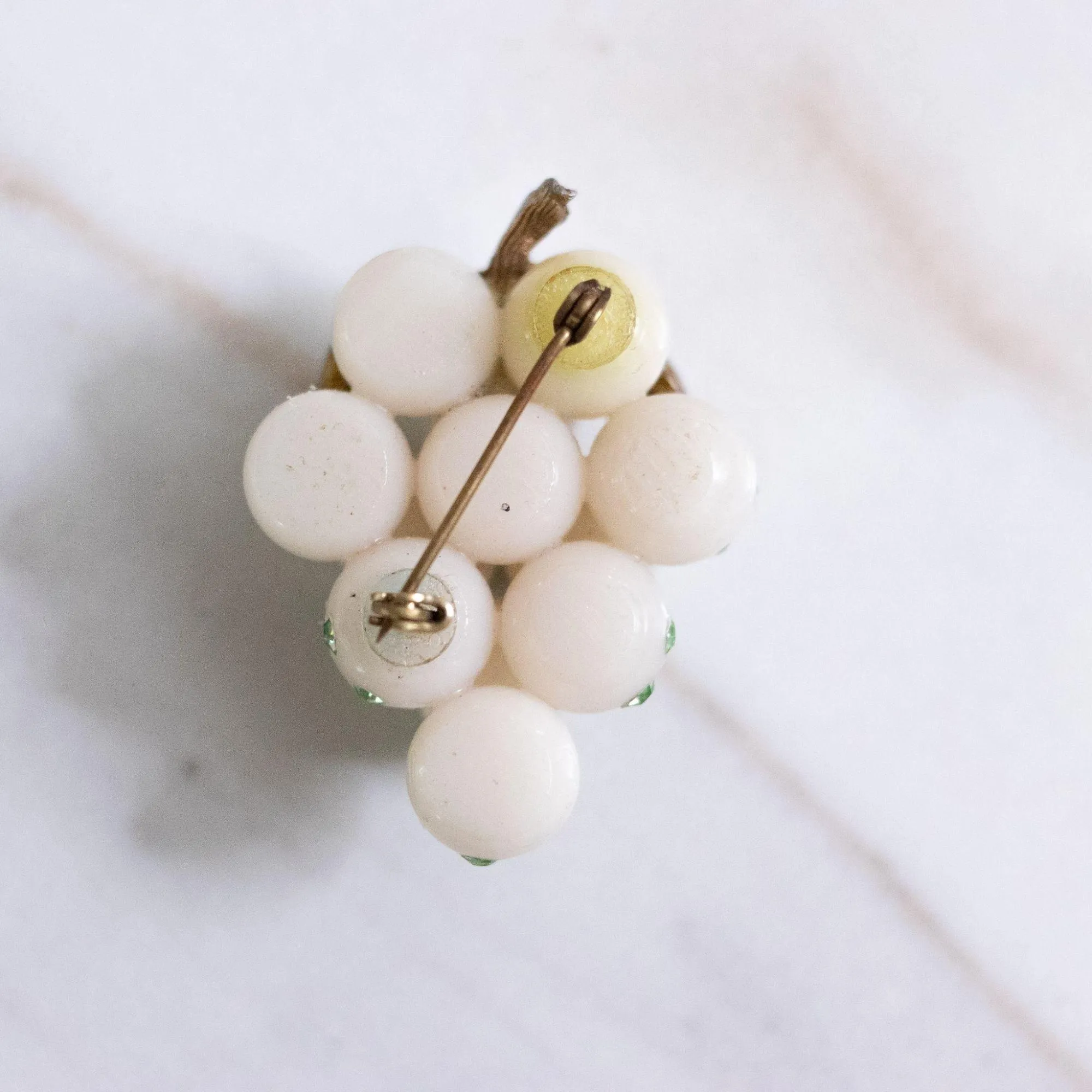 Vintage White Grape Brooch with Green Rhinestones