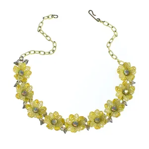 Vintage Yellow Flower Choker Necklace with Aurora Borealis Crystals