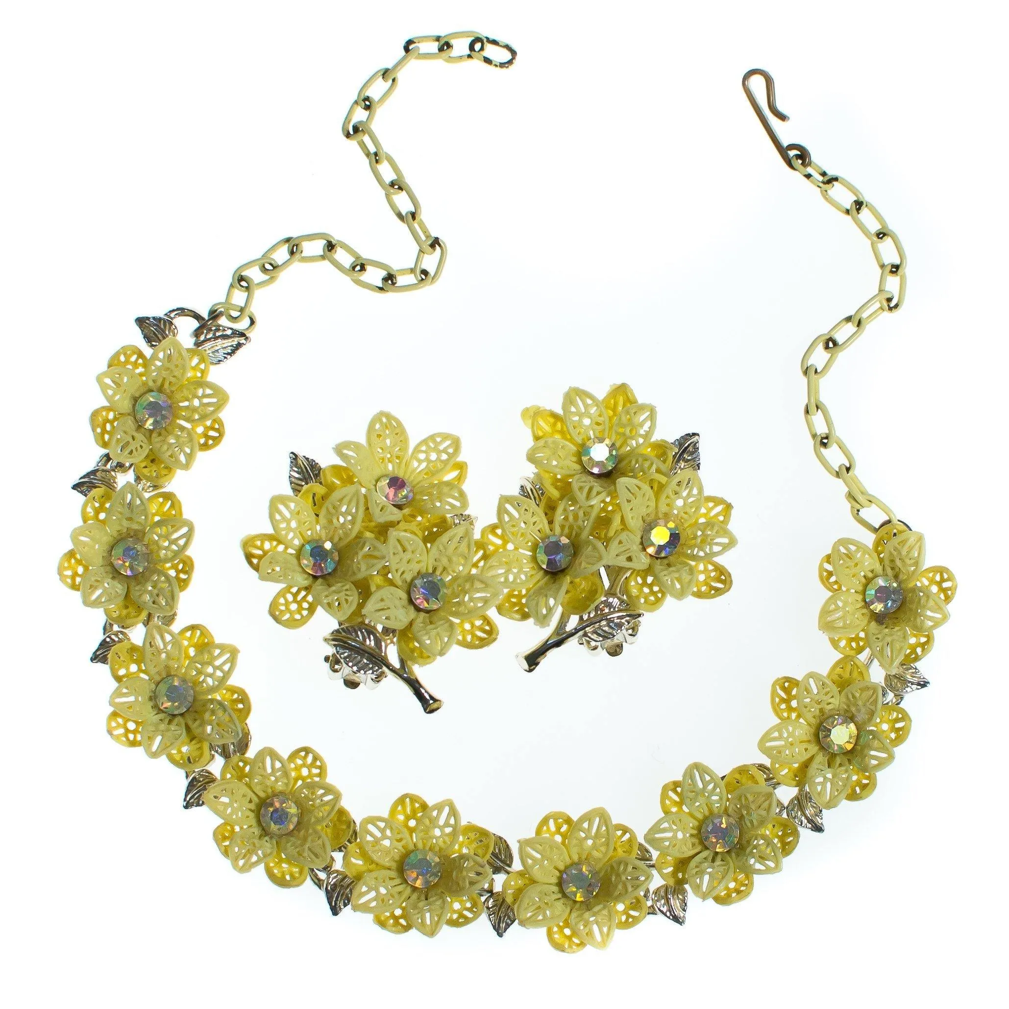 Vintage Yellow Flower Choker Necklace with Aurora Borealis Crystals