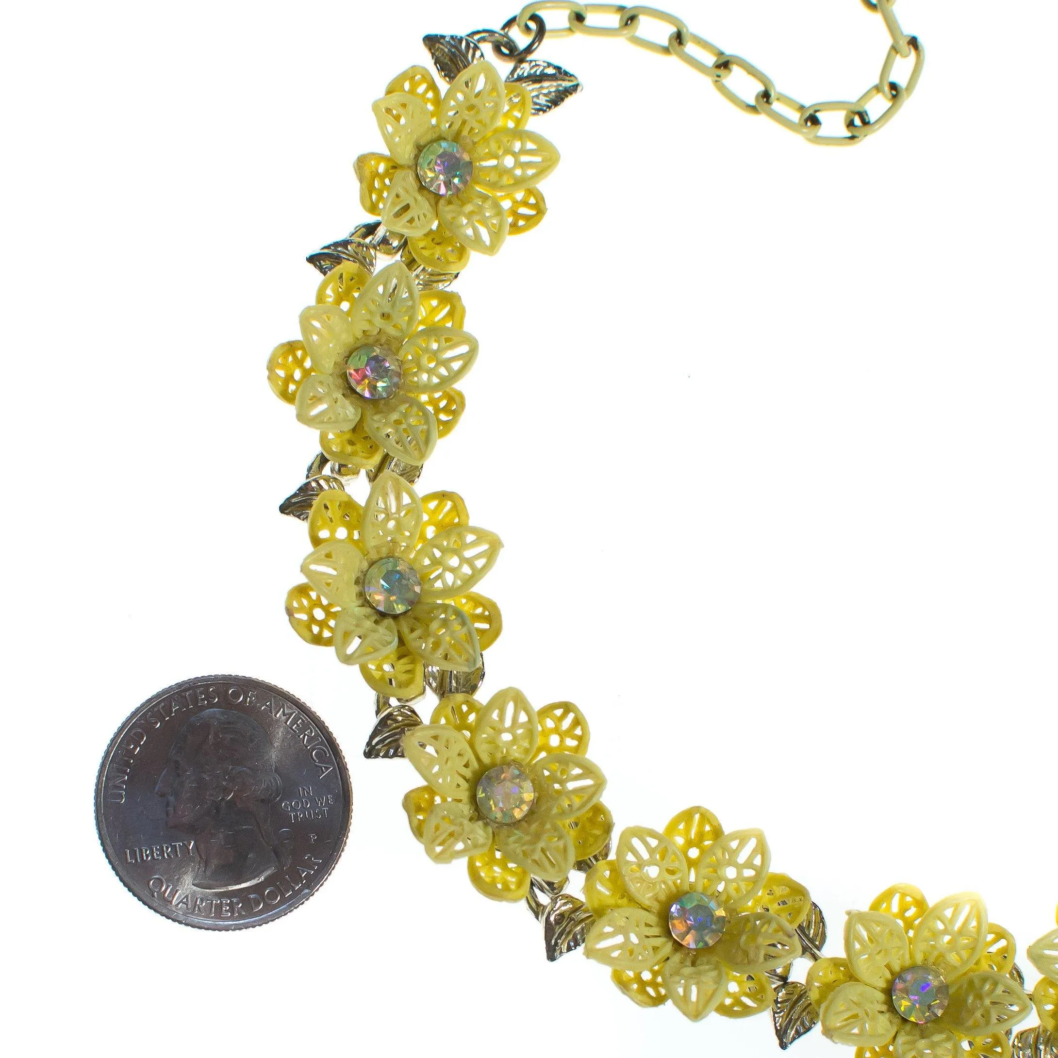 Vintage Yellow Flower Choker Necklace with Aurora Borealis Crystals