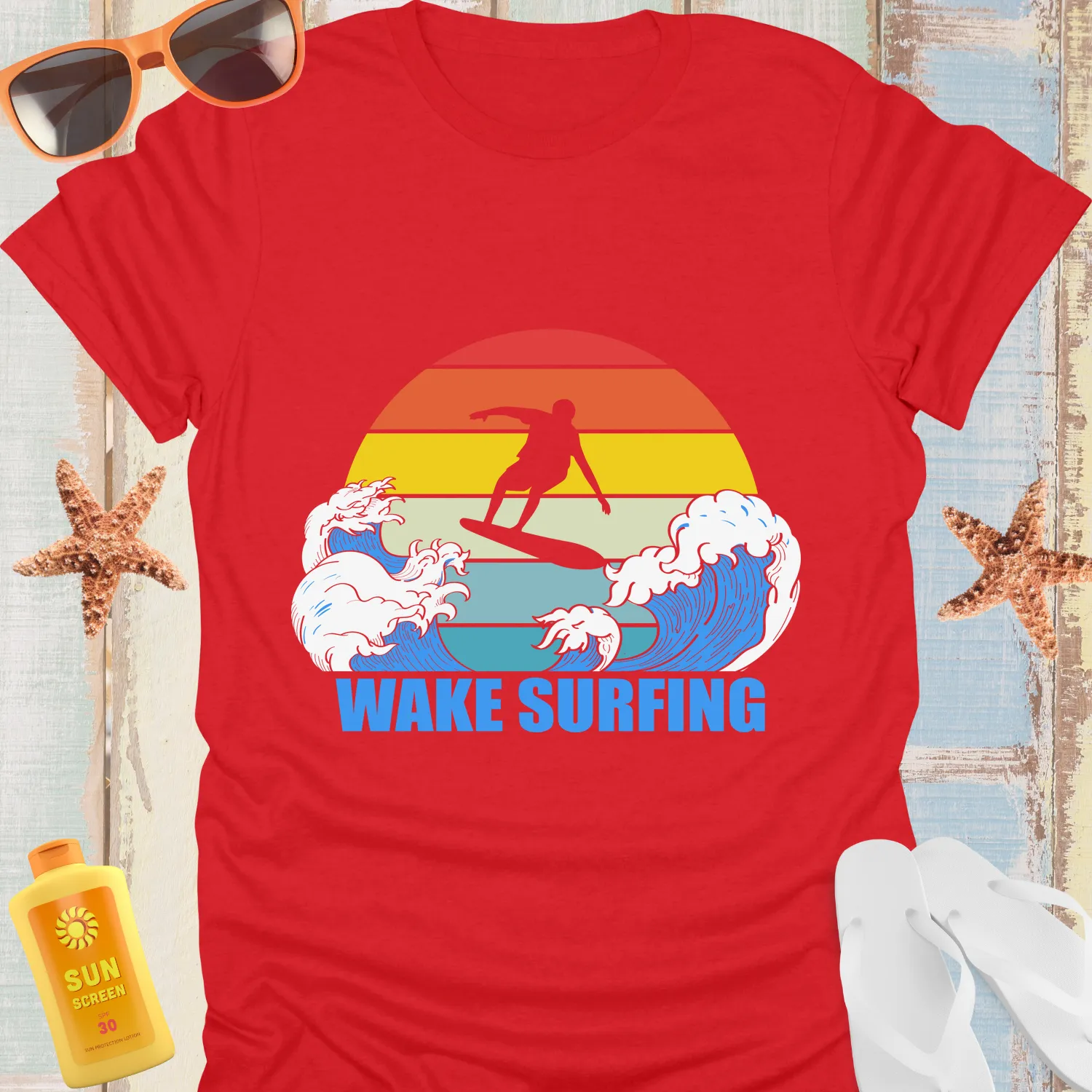 Wake Surfing T-Shirt With Sunset Silhouette Design
