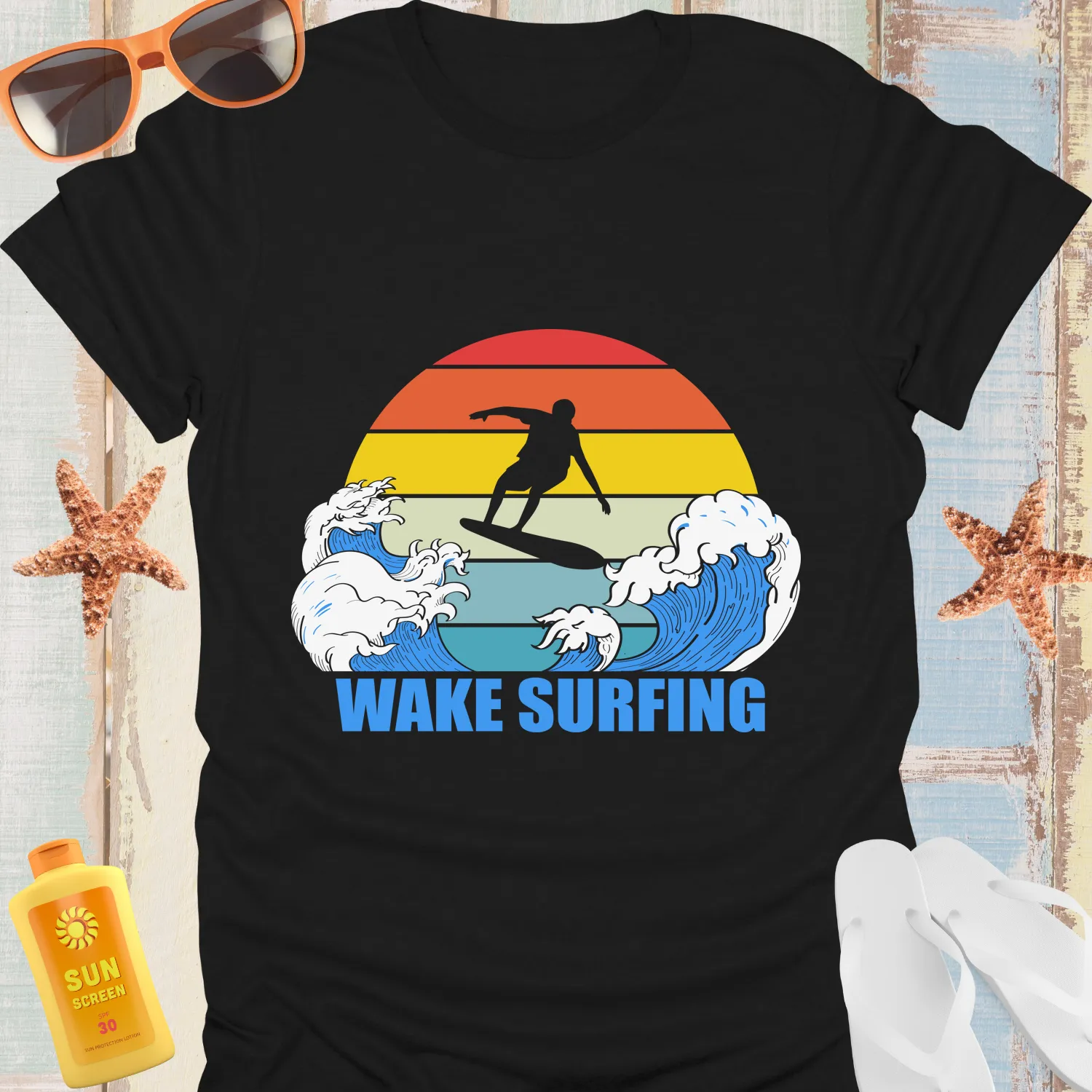 Wake Surfing T-Shirt With Sunset Silhouette Design