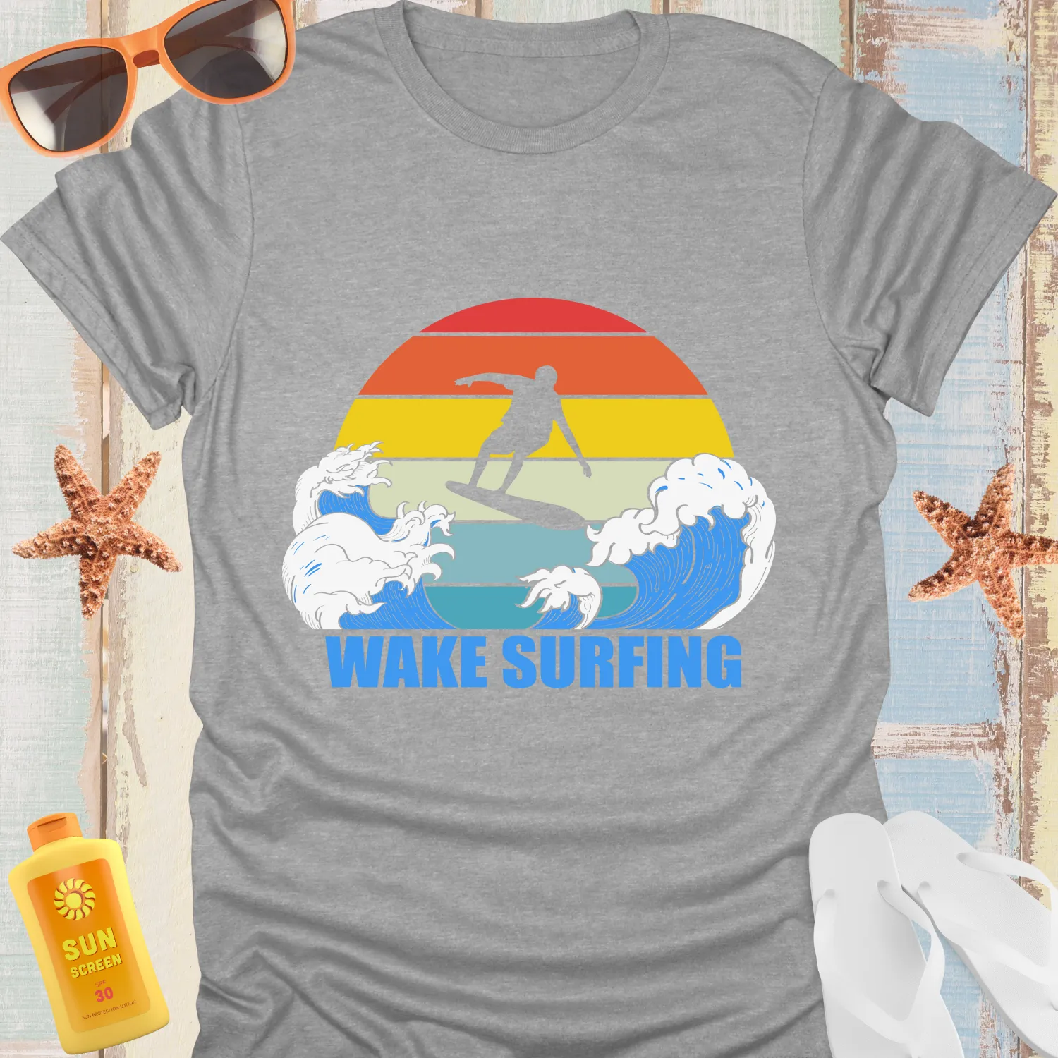 Wake Surfing T-Shirt With Sunset Silhouette Design