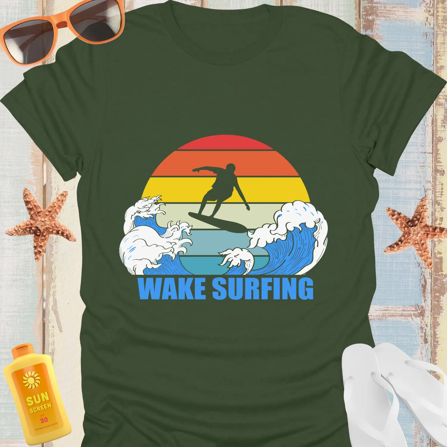 Wake Surfing T-Shirt With Sunset Silhouette Design