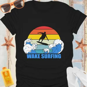 Wake Surfing T-Shirt With Sunset Silhouette Design