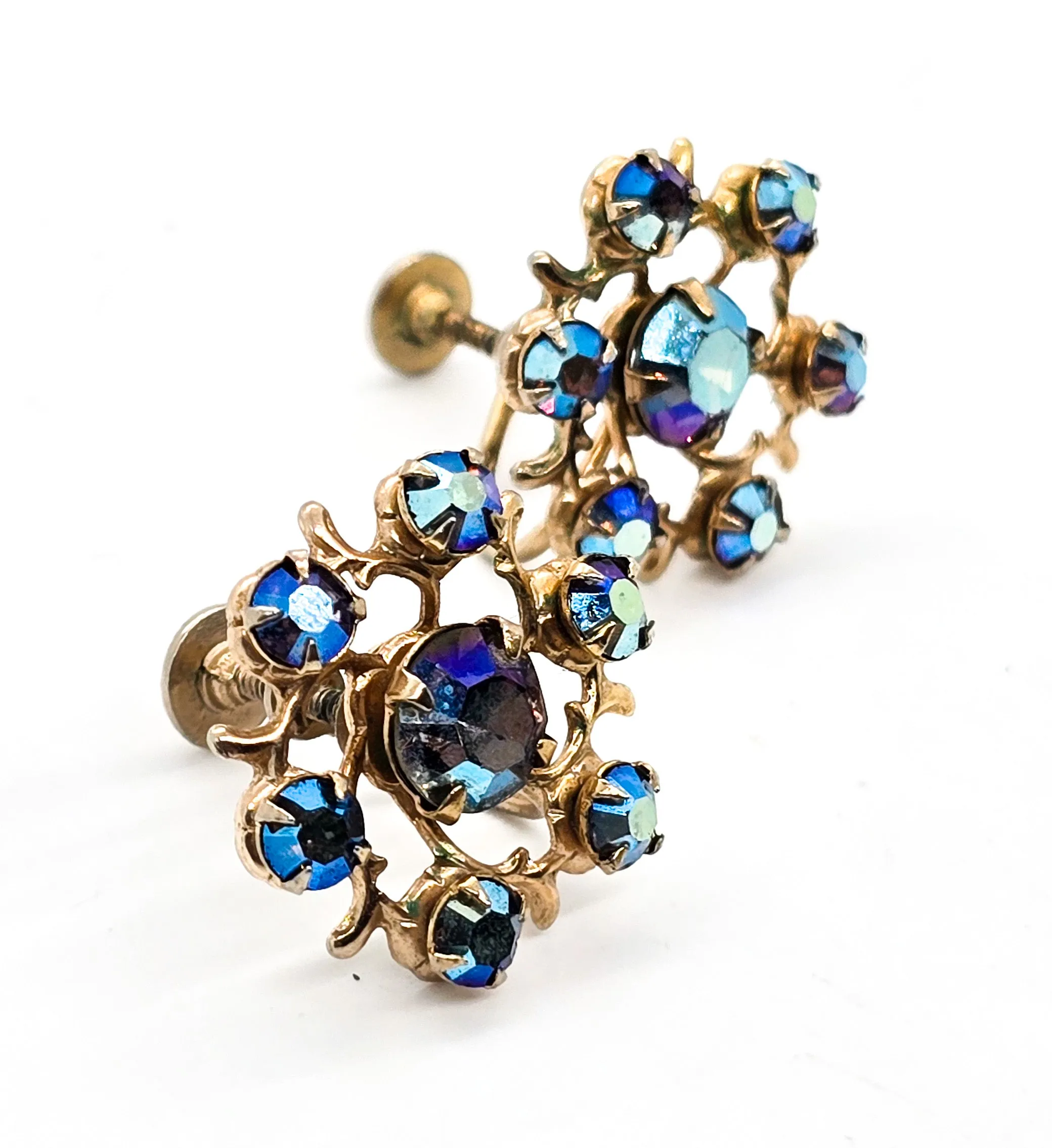 Weiss blue aurora borealis rhinestone gold toned flower vintage screw back earrings