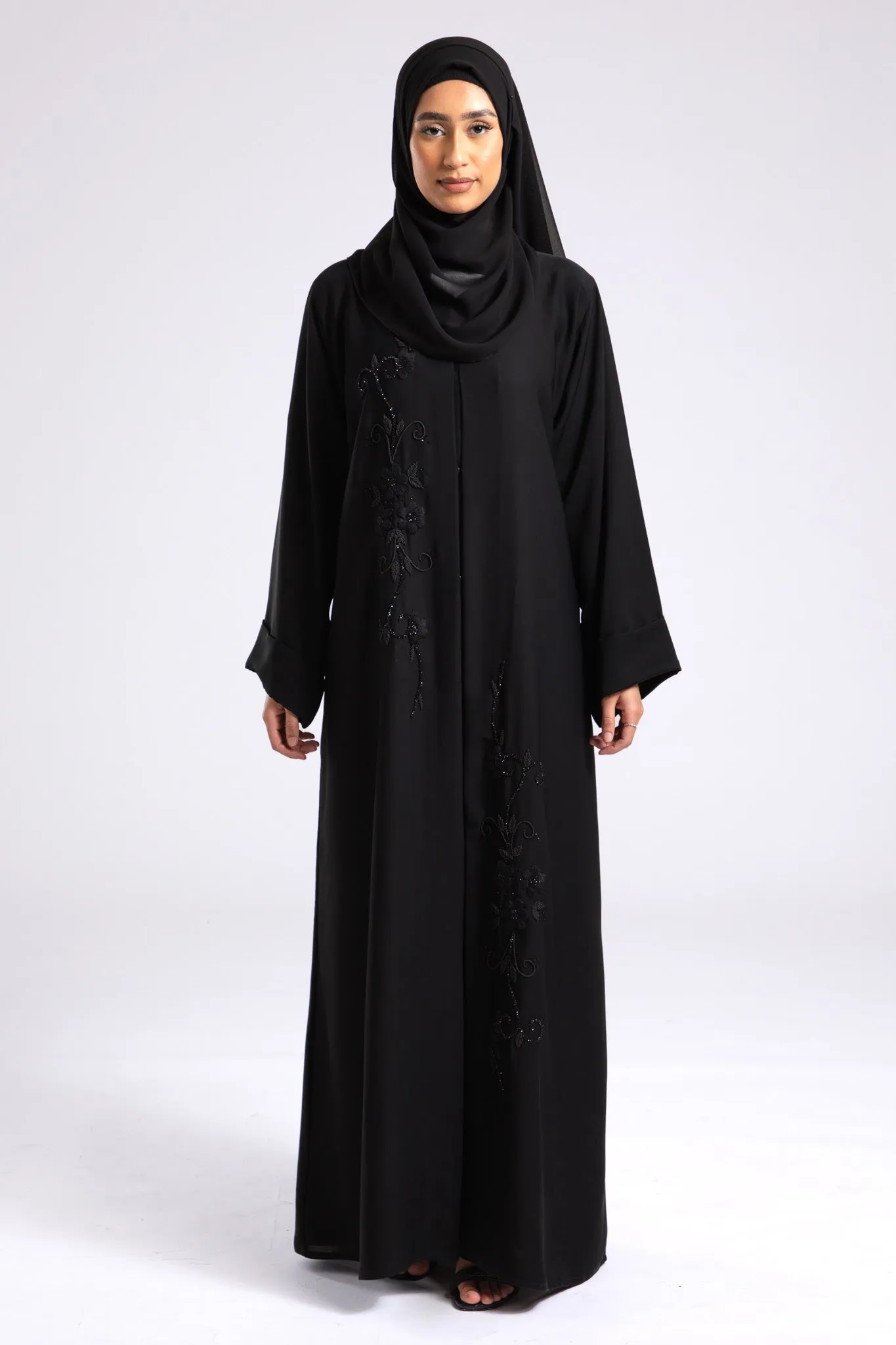 Whispering Threads Black Embroidered Abaya (Premium)