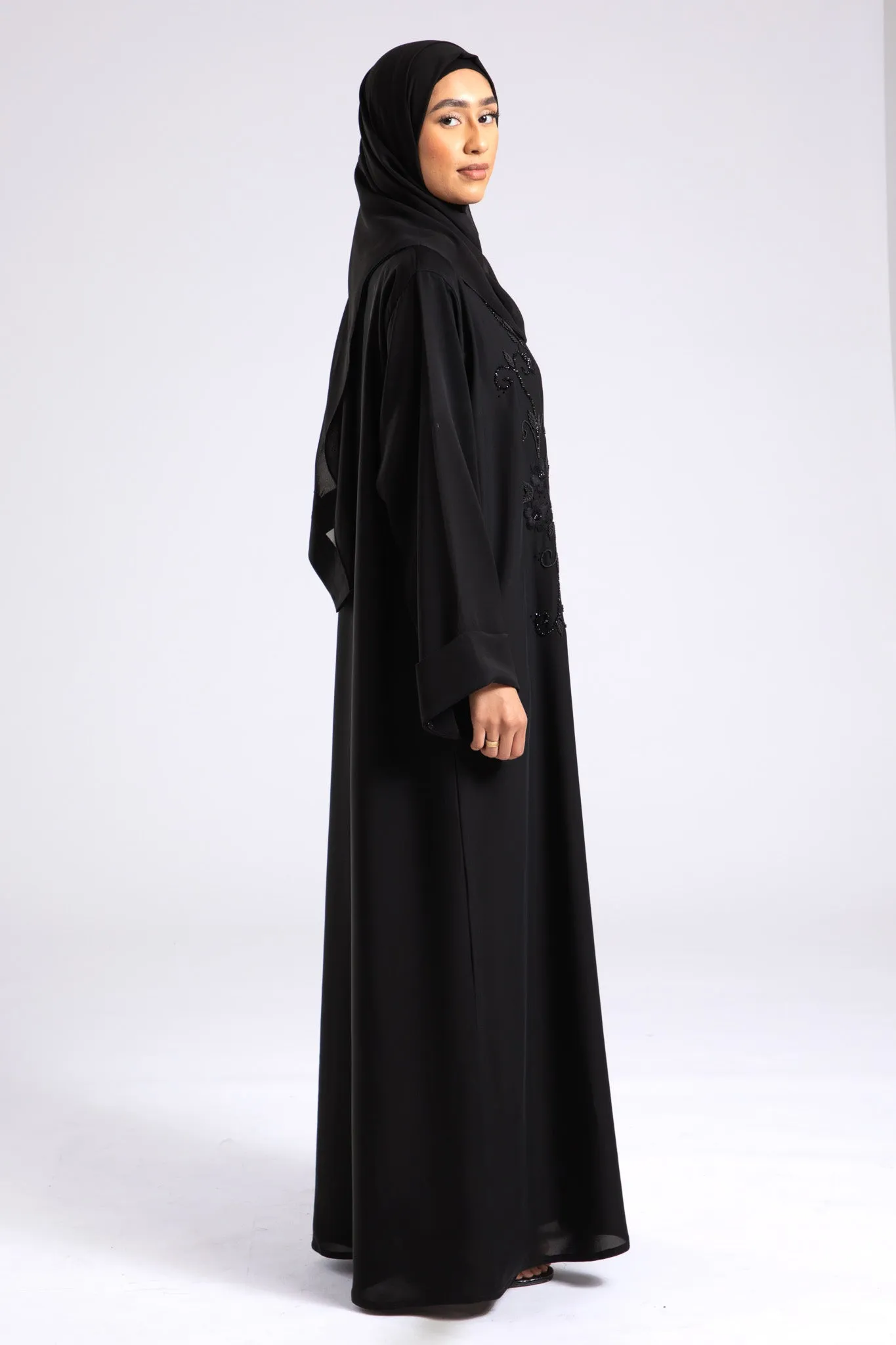 Whispering Threads Black Embroidered Abaya (Premium)