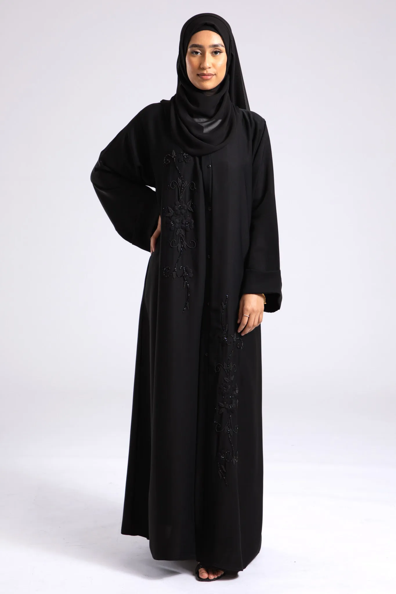 Whispering Threads Black Embroidered Abaya (Premium)